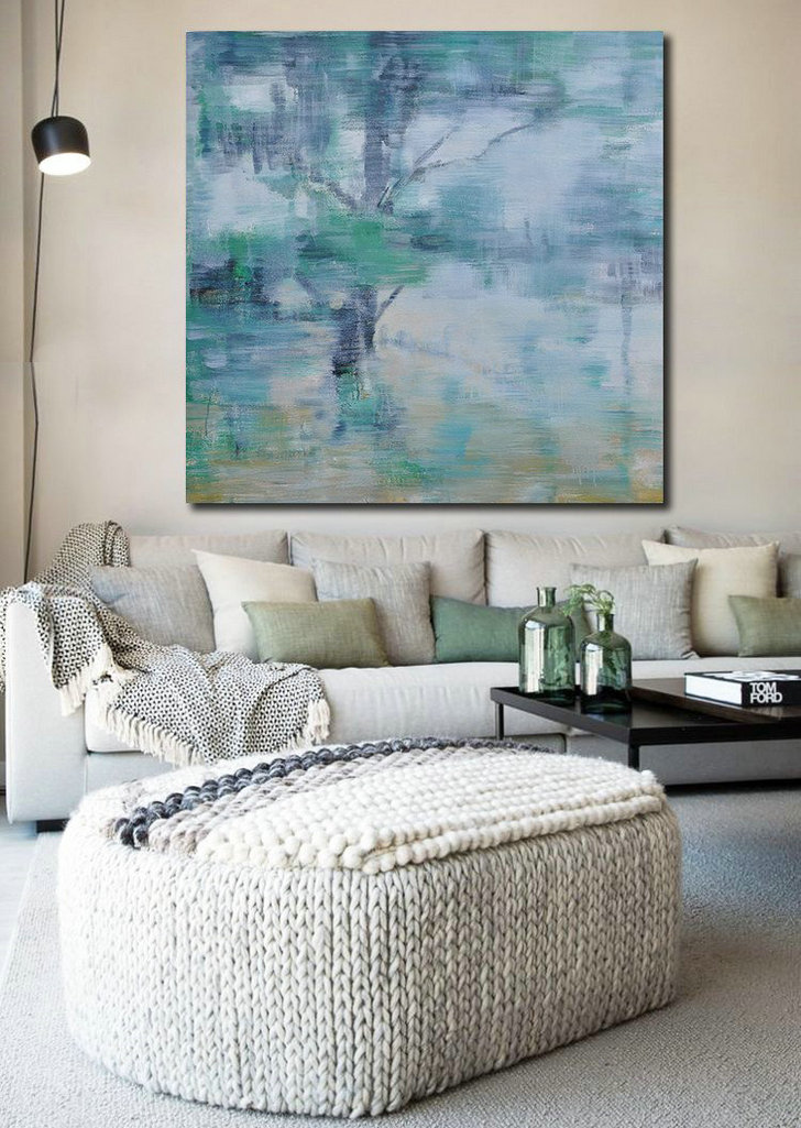 Extra Large Canvas Art,Abstract Landscape Oil Painting,Large Abstract Art Handmade Acrylic Painting,White,Grey,Green,Yellow